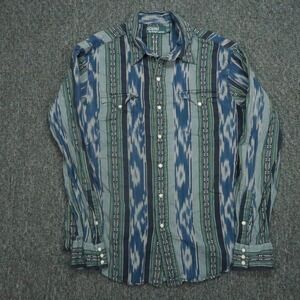 VINTAGE‎ Polo Ralph Lauren Shirt Mens Large Blue Southwestern Pearl Snap Western